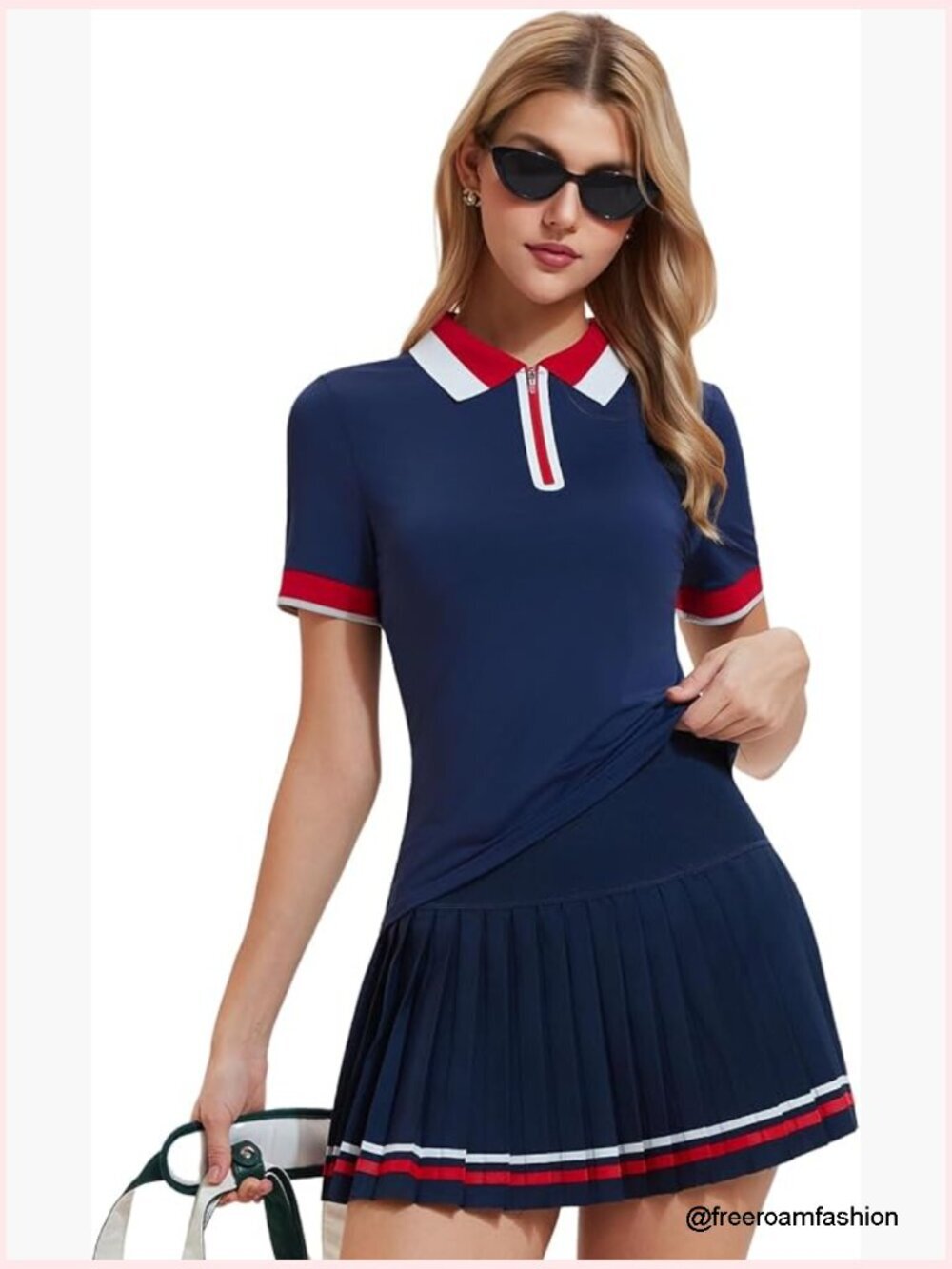 2-Piece Tennis Skirt Set, Polo V-Neck Top & High-Waisted Pleated Skirt